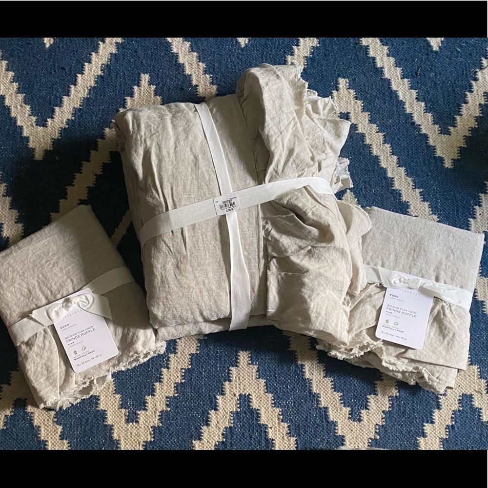 Pottery Barn Belgian Flax Linen Fringe Ruffle Duvet Cover in flax